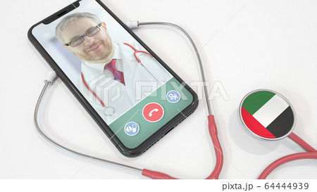 Doctor's video call on the phone and stethoscope bell with the UAE flag. Telemedicine in the United Arab Emirates. 3D rendering Doctor's video call on the phone and stethoscope bell with the UAE flag. Telemedicine in the United Arab Emirates. 3D rendering 64444939