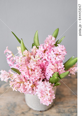 Bouquets of pink hyacinths in vase on wooden table. Spring flowers from Dutch gardener. Concept of a florist in a flower shop. Wallpaper. 64445647