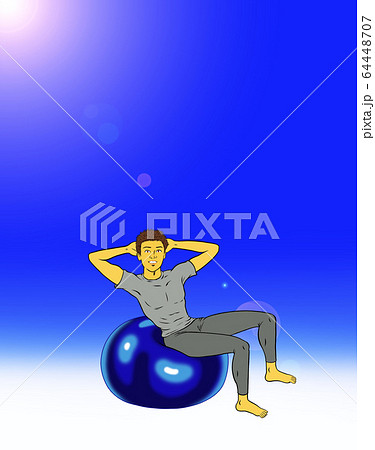 バランスボールを屋外でする、フィットネスインストラクターの男性(青空) バランスボールを屋外でする、フィットネスインストラクターの男性(青空) 64448707