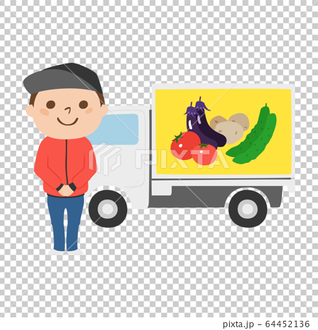 トラックで野菜や日用品を販売している移動スーパーのイラスト のイラスト素材