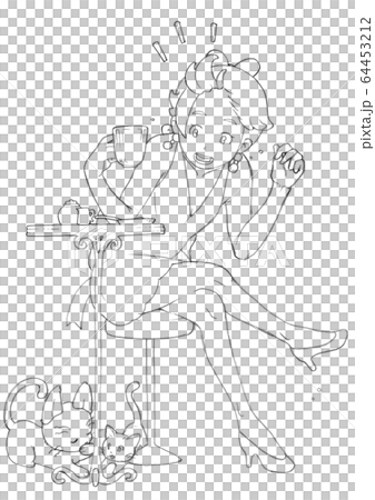 ワンピースドレスを着た女の子がお茶をしているところのイラスト素材