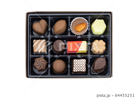 Box of chocolate candies set for Valentine's Day or as a surprise gift isolated on white background. Clipping path 64455251