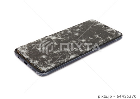 Closeup of Modern mobile smart phone with broken, cracked screen isolated on white background. Select focus and clipping path for use 64455270