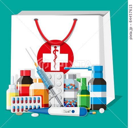 Set of bottles, tablets, pills, capsules and spray 64457615