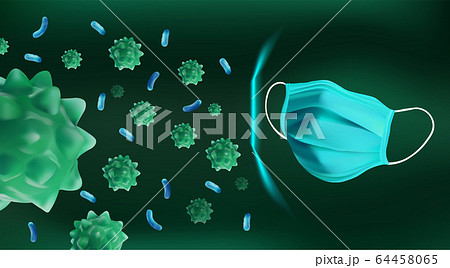 Virus disease. Abstract background virus and Medical mask. World pandemic. Bacteria, microbes fungi. Danger to a living organism. Medical mask virus protection. Vector illustration Virus disease. Abstract background virus and Medical mask. World pandemic. Bacteria, microbes fungi. Danger to a living organism. Medical mask virus protection. Vector illustration 64458065