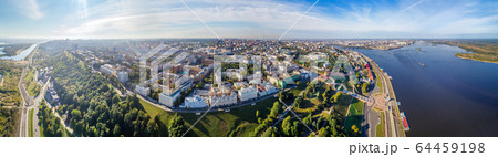 Nizhny Novgorod. Panorama of the Verkhnevolzhskaya embankment. Shooting from a drone, summer morning Nizhny Novgorod. Panorama of the Verkhnevolzhskaya embankment. Shooting from a drone, summer morning 64459198
