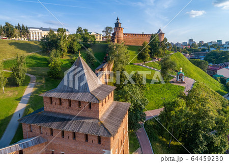 Nizhny Novgorod Kremlin, individual towers close-up. Summer shooting 64459230