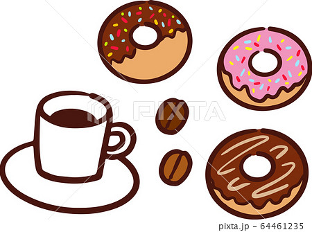 コーヒーとコーヒー豆とドーナツのイラスト素材