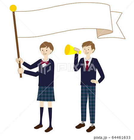 旗とメガホンを持って応援する男女の学生のイラストのイラスト素材