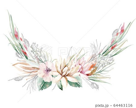 Watercolor boho floral wreath. Bohemian natural frame: leaves, feathers, flowers, Isolated on white background. Artistic decoration illustration. Save the date, wedding design,valentine's day 64463116
