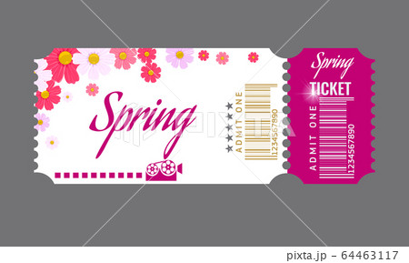 Cinema ticket with spring flowers template. Flat and solid color vector illustration. 64463117