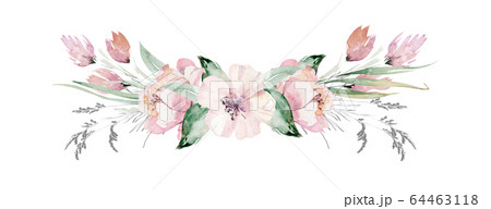 Watercolor boho floral wreath. Bohemian natural frame: leaves, feathers, flowers, Isolated on white background. Artistic decoration illustration. Save the date, wedding design,valentine's day 64463118