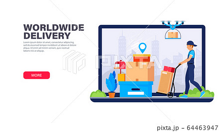 Delivery service landing page template. Courier and drone delivery different type packages. Delivery service landing page template. Courier and drone delivery different type packages. 64463947