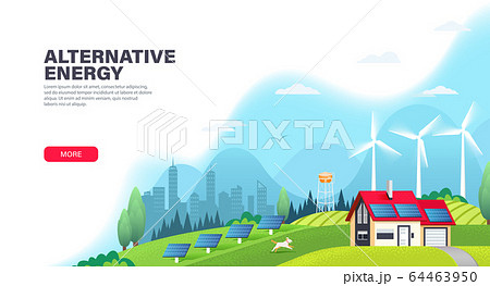 Alternative energy landing page template with solar panels and wind turbines. 64463950