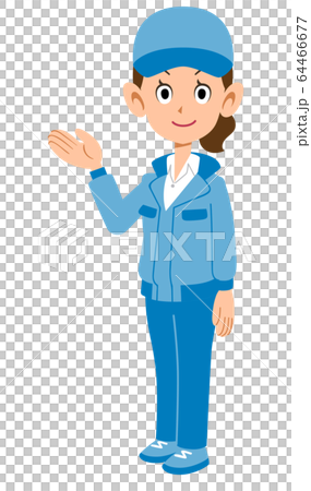右上に手のひらを向け紹介する青い作業着の女性 64466677