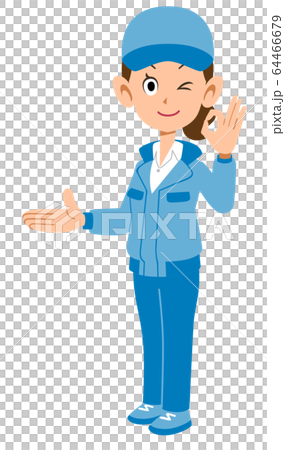 右側を紹介しOKのサインを示す青い作業着を着た女性 64466679