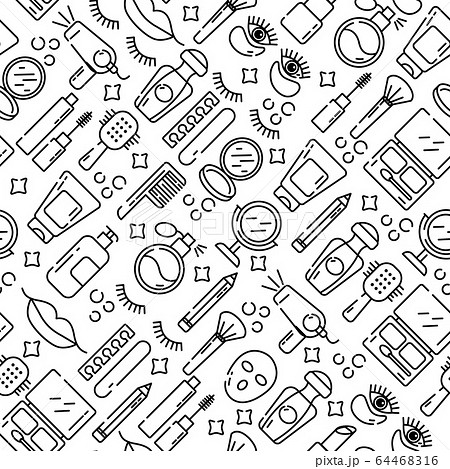 Vector cosmetics and beauty icons in trendy linear style - set beauty salon for women. Seamless pattern. 64468316