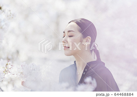 満開の桜と東洋美を備えた女性 64468884