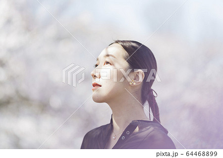 満開の桜と東洋美を備えた女性 64468899