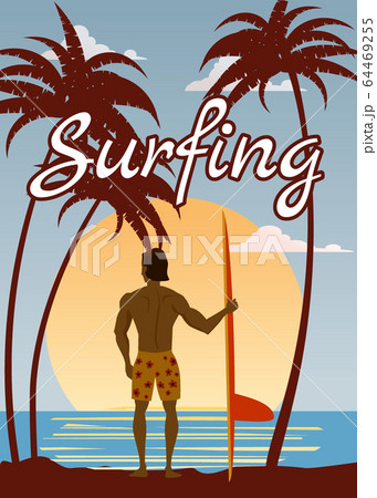 Surfer standing with surfboard on the tropical beach back view. Surfing palms ocean theme retro vintage. Vector illustration isolated template poster banner Surfer standing with surfboard on the tropical beach back view. Surfing palms ocean theme retro vintage. Vector illustration isolated template poster banner 64469255