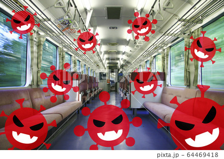 新型コロナウイルスが蔓延した電車の車内のイメージ。3つの密を避けましょう!! 64469418