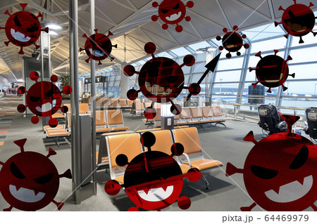 Stay Home週間 新型コロナウイルスが蔓延しているイメージ 空港の搭乗口にてのイラスト素材