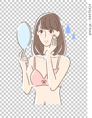 不安な表情で手鏡を見る女性 64470424