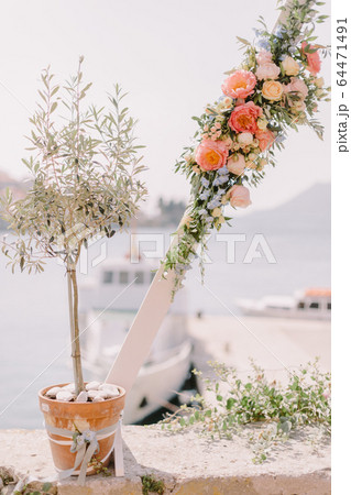 destination wedding arch with sea view in europe 64471491