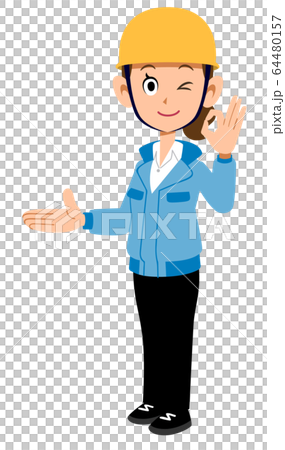 右側を紹介しOKのサインを示すヘルメットを着用し青い作業着を着た女性 右側を紹介しOKのサインを示すヘルメットを着用し青い作業着を着た女性 64480157