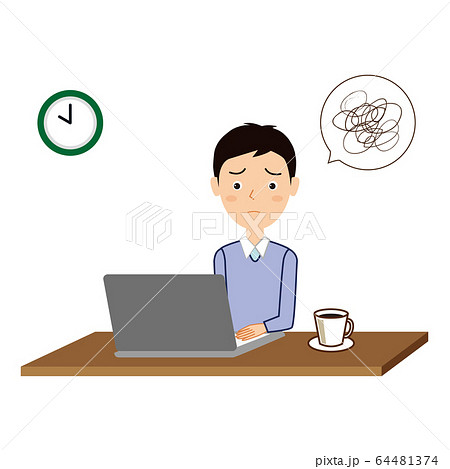 困惑した表情で自宅でパソコン作業をする若い男性のイラストのイラスト素材 困惑した表情で自宅でパソコン作業をする若い男性のイラストのイラスト素材