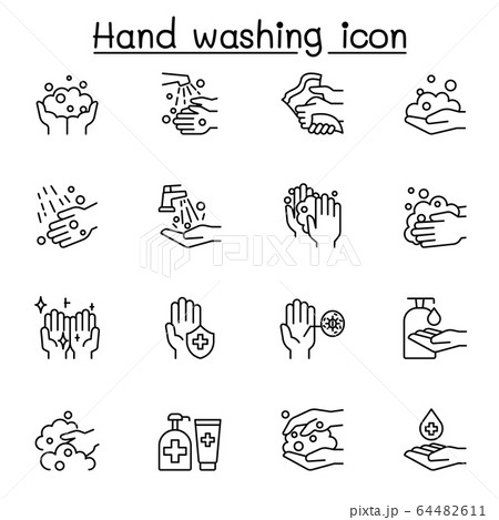 Hand washing icon set in thin line style Hand washing icon set in thin line style 64482611