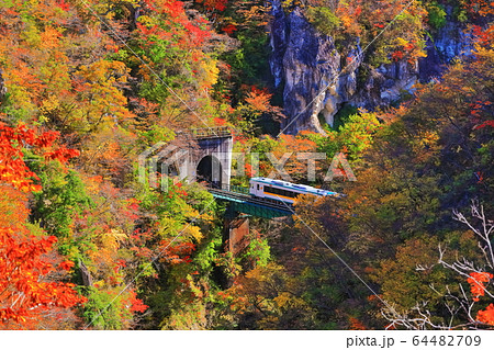 【宮城県】紅葉の鳴子峡を渡る汽車 64482709