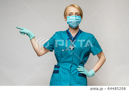 medical doctor nurse woman wearing protective mask and latex gloves - showing at virtual list medical doctor nurse woman wearing protective mask and latex gloves - showing at virtual list 64485208