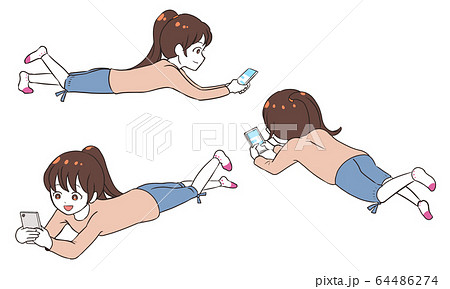 家でゴロゴロする女の子のイラスト素材