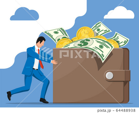 Businessman pushing leather wallet full of money 64488938