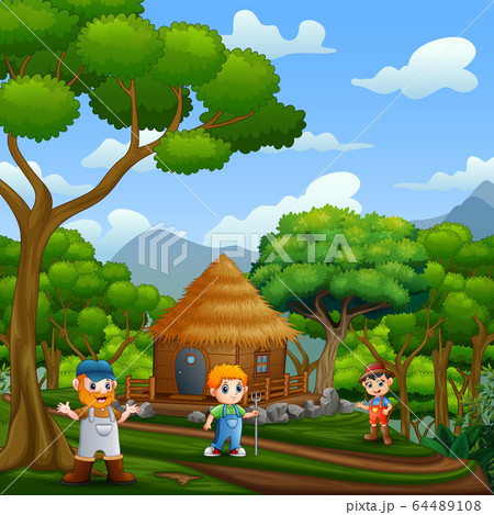 Background scene with the farmers and wooden cottage 64489108