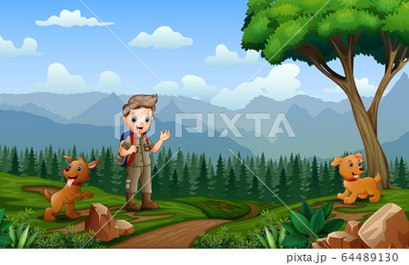 Young scout with his pet at nature 64489130