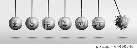 Corona virus cell attack world many money currency on Newton's Cradle Pendulums. 64490646