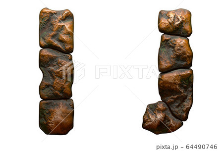 Set of rocky letters I, J. Font of stone on white background. 3d Set of rocky letters I, J. Font of stone on white background. 3d 64490746