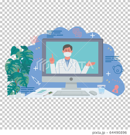 オンライン診療　医師　コロナウイルス　感染予防　イラスト 64490896