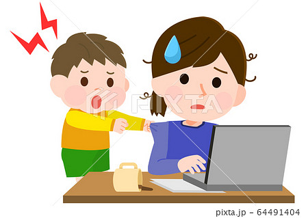 リモートワーク 母親と子供 仕事がはかどらない イラストのイラスト素材