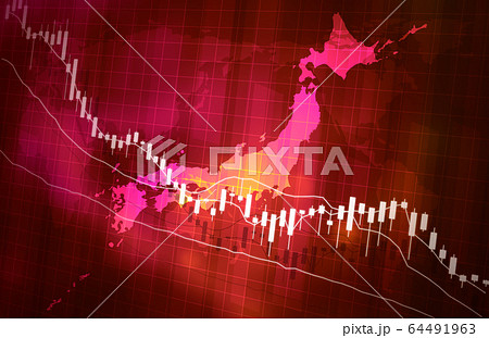 株価の下落グラフ地図イメージ赤色レッド 64491963