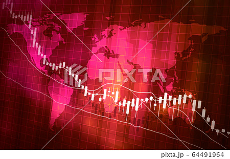 株価の下落グラフ地図イメージ赤色レッド 64491964