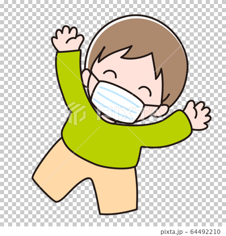 A boy wearing a mask and raising both hands A boy wearing a mask and raising both hands 64492210