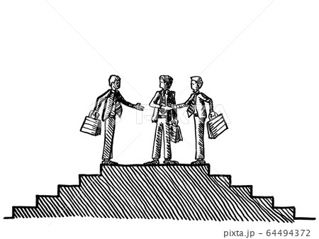 Three Hand Drawn Businessman Reaching Agreement Three Hand Drawn Businessman Reaching Agreement 64494372