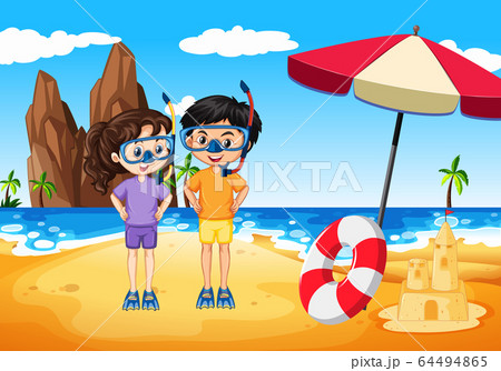 Ocean scene with people having fun on the beach Ocean scene with people having fun on the beach 64494865