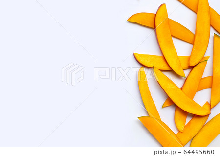 Tropical fruit, Mango slices on white background. 64495660