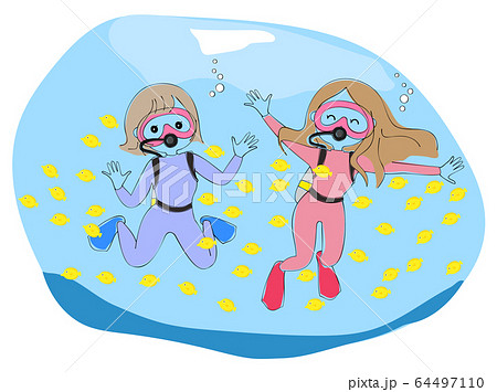 海でダイビングをして黄色い魚を眺める女子2人のイラスト素材