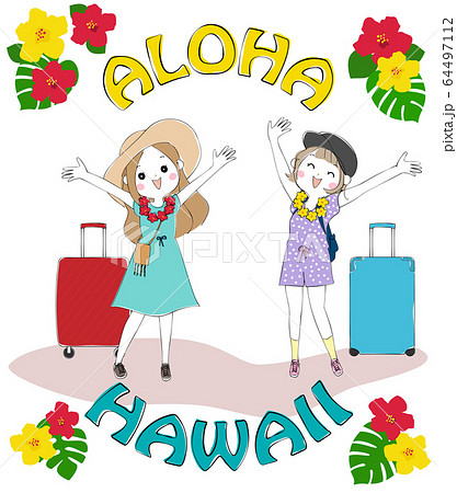 ハワイ旅行で現地に到着してレイをかけた女子2人のイラスト素材