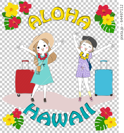 ハワイ旅行で現地に到着してレイをかけた女子2人のイラスト素材